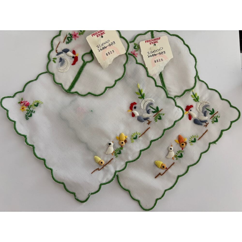 Vintage Embroidered Small Napkins & Wine Glass Base Covers Set 4 pieces New